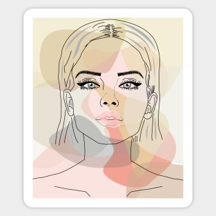 Lady line drawing face , hair ,neck, shoulder  and abstract mixed colors background , modern art Sticker